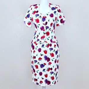 Vintage Caroline Charles London 1990s Floral Skirt Suit Short Sleeve Jacket S XS